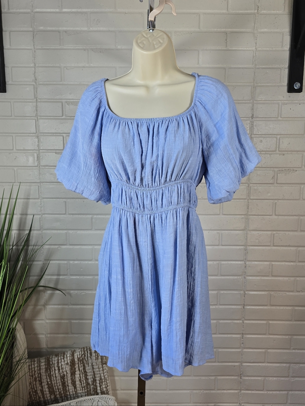 Hyfve Light Blue Puff Sleeve Romper Size Medium Square Neck Elastic Wasit